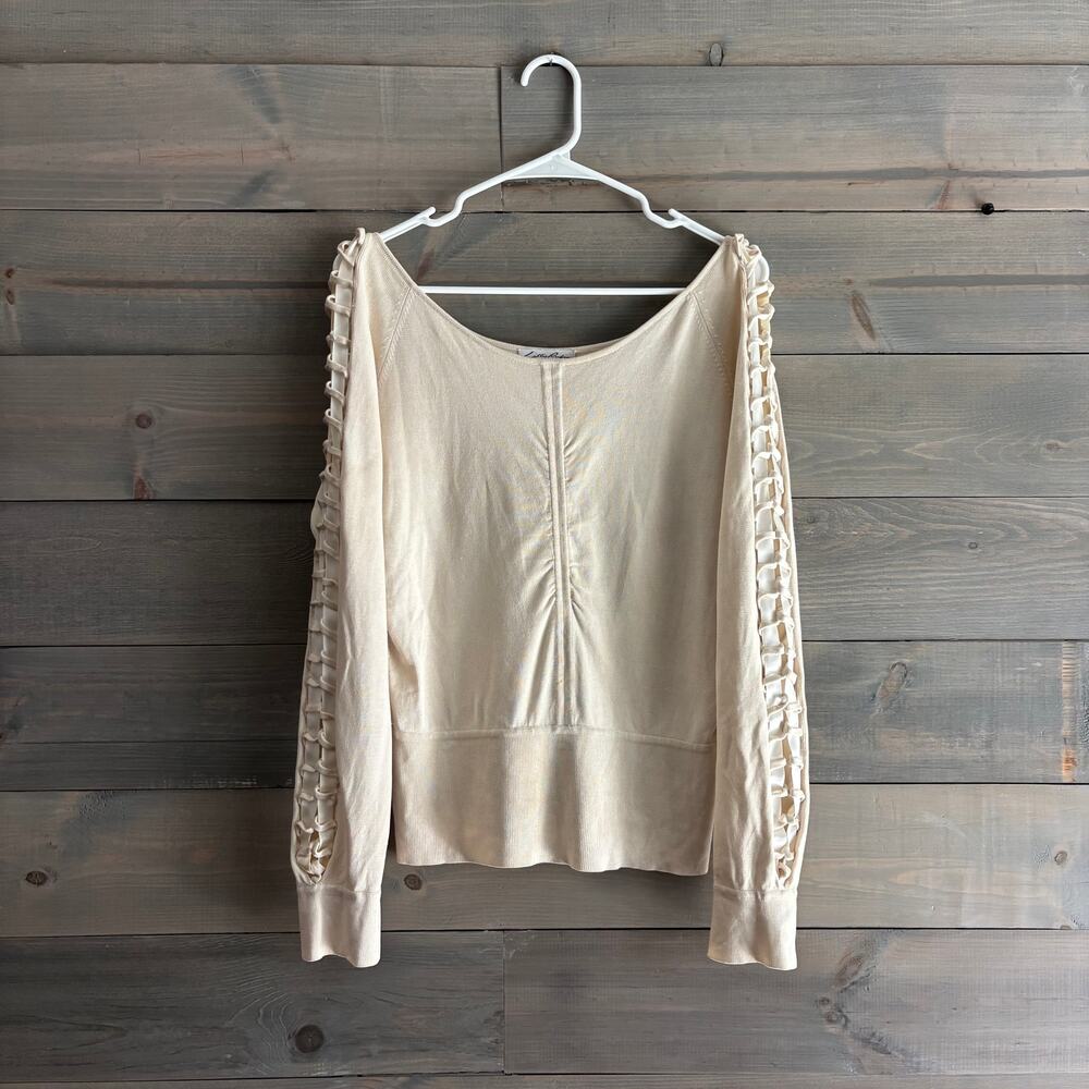 LILLIE RUBIN | Vintage Ivory 92% Silk Knit Top Woven Lattice Sleeves Size L